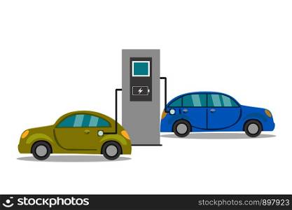 Cartoon electric cars on recharging,eco concept,isolated on white background,vector illustration. Cartoon electric cars on recharging,