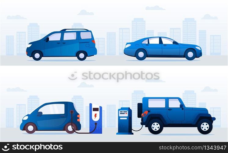 Cartoon Electric Cars VS Gasoline Auto Set. Automobile Charging at Charger or Refueling Petrol Gas Station. Transport on Street on City Building Skyline. Eco or Classical Vehicle. Vector Illustration. Electric vs Gasoline Cars at Station on Street Set