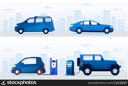 Cartoon Electric Cars VS Gasoline Auto Set. Automobile Charging at Charger or Refueling Petrol Gas Station. Transport on Street on City Building Skyline. Eco or Classical Vehicle. Vector Illustration. Electric vs Gasoline Cars at Station on Street Set
