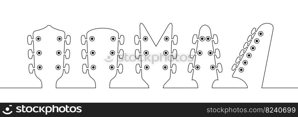 Cartoon electric, guitars headstock and guitar pick. Rock music guitar necks or head silhouette Vector icon or logo. Musical, acoustic entertainment. Guitar head symbol. Bass Guitar Headstock Silhouette. Guitar player or guitarist