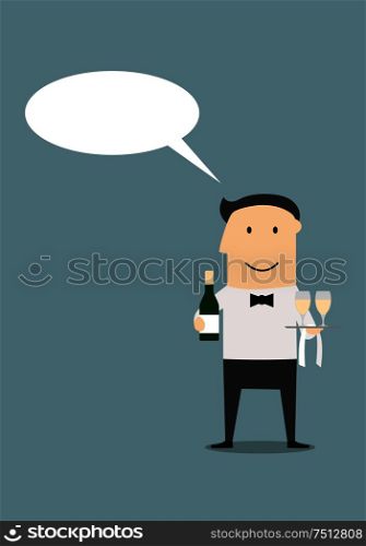 Cartoon elegant waiter with champagne and glasses on a tray with blank speech bubble above him, for restaurant design