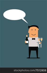Cartoon elegant waiter with champagne and glasses on a tray with blank speech bubble above him, for restaurant design