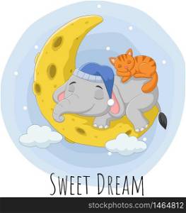 Cartoon elephant and cat sleeping on the moon