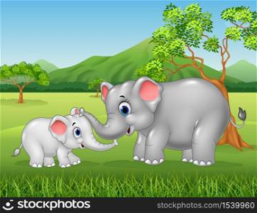 Cartoon elephant mother and calf bonding relationship in the jungle
