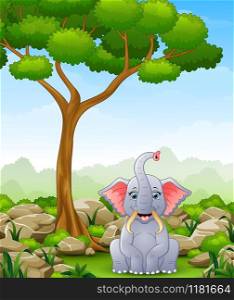 Cartoon elephant sitting in the jungle