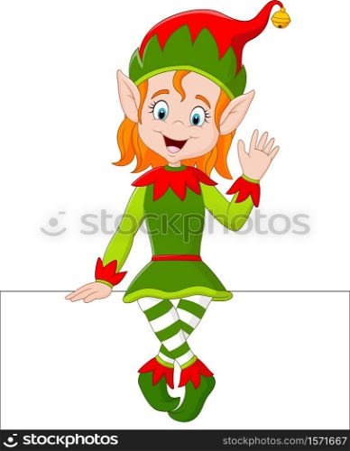 Cartoon elf girl sitting on blank sign