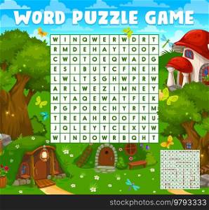 Cartoon elf village houses and dwellings word search puzzle game worksheet, kids quiz. Vector crossword grid brainteaser with mushroom, hill, hut on tree in forest. Children educational word task. Cartoon elf village houses and dwellings puzzle