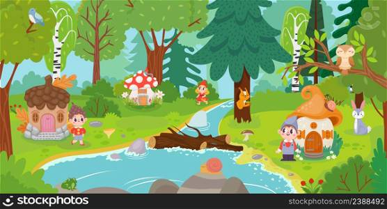 Cartoon elves and gnomes in magic forest. Vector woodland forest, elf fairytale and building dwelling illustration. Cartoon elves and gnomes in magic forest