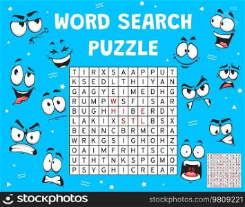 Cartoon emoji face expression, word search puzzle game worksheet, vector word quiz. Search and find word grid riddle with cartoon emoticons and smile emoji expressions, word puzzle game. Cartoon emoji face expression, word search puzzle