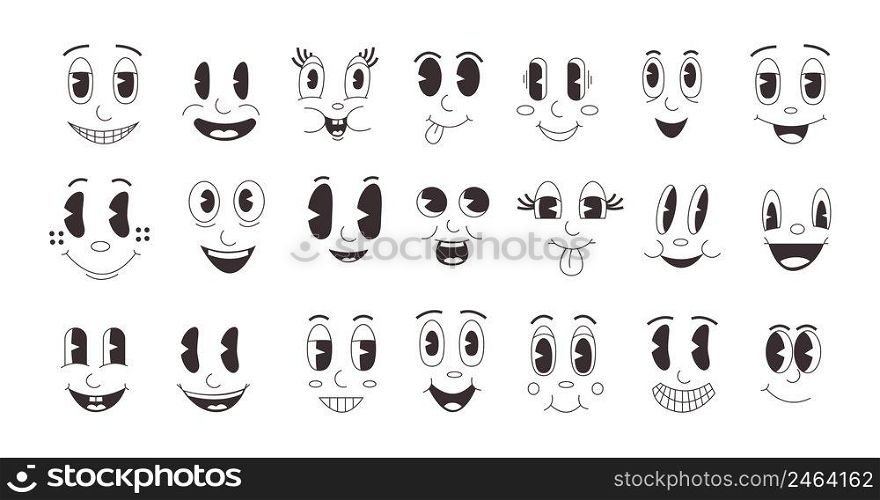 Cartoon emotions. Retro comic faces collection with smile emotion, vintage face of mascot character. Vector clip art collection. Facial expressions with happy and cheerful feelings. Cartoon emotions. Retro comic faces collection with smile emotion, vintage face of mascot character. Vector clip art collection