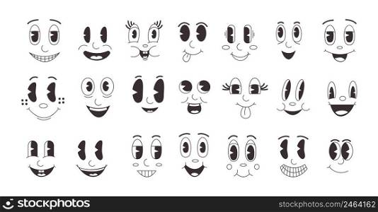 Cartoon emotions. Retro comic faces collection with smile emotion, vintage face of mascot character. Vector clip art collection. Facial expressions with happy and cheerful feelings. Cartoon emotions. Retro comic faces collection with smile emotion, vintage face of mascot character. Vector clip art collection