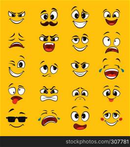 Cartoon emotions with funny faces with big eyes and laughter. Vector emoticons on yellow background. Smile funny face emotion illustration. Cartoon emotions with funny faces with big eyes and laughter. Vector emoticons on yellow background