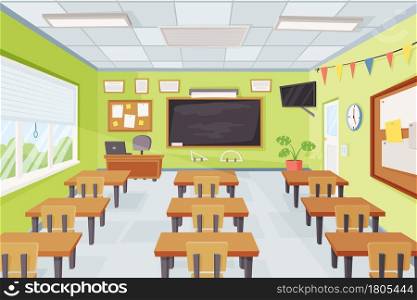 Cartoon empty school classroom interior with desks and chalkboard. Elementary class with furniture teacher table, blackboard vector illustration. Clock and boards for notes hanging on walls. Cartoon empty school classroom interior with desks and chalkboard. Elementary class with furniture teacher table, blackboard vector illustration