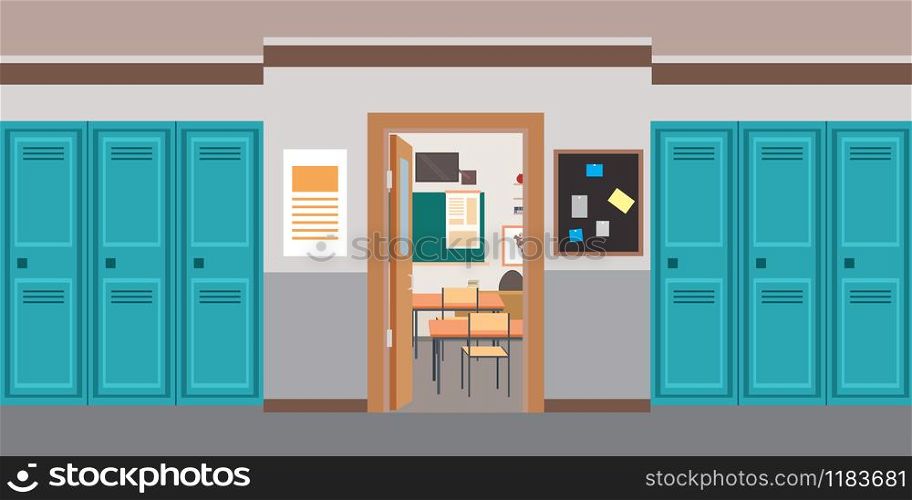 Cartoon empty School interior and open door in classroom, flat vector illustration. Cartoon empty School interior and open door in classroom