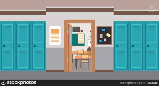 Cartoon empty School interior and open door in classroom, flat vector illustration. Cartoon empty School interior and open door in classroom