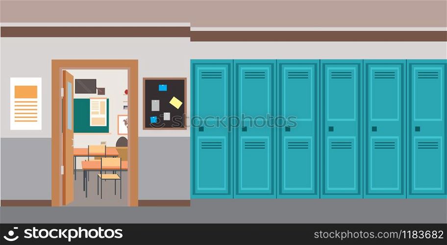 Cartoon empty School interior and open door in classroom, flat vector illustration.. Cartoon empty School interior and open door in classroom.