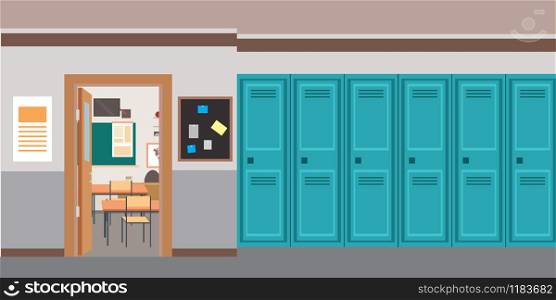 Cartoon empty School interior and open door in classroom, flat vector illustration.. Cartoon empty School interior and open door in classroom.
