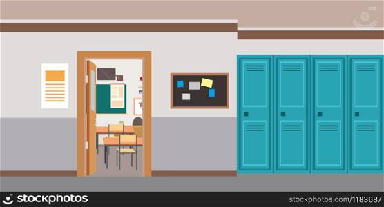 Cartoon empty school interior,open door in classroom,flat vector illustration. Cartoon empty school interior,open door in classroom