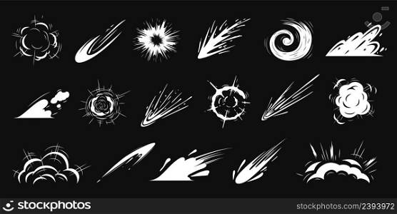 Cartoon energy explosion. Cloudy ring, explosions comic style. Fog and smoke clouds, white motion effects. Flash graphics, speed line recent vector set. Illustration of puff effect and boom air smoke. Cartoon energy explosion. Cloudy ring, explosions comic style. Fog and smoke clouds, white motion effects. 2d flash graphics, speed line recent vector set