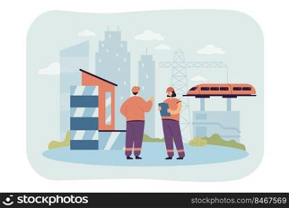 Cartoon engineers working on railway construction. Building railroad, industrial management flat vector illustration. Civil infrastructure or engineering, industry concept for banner, website design