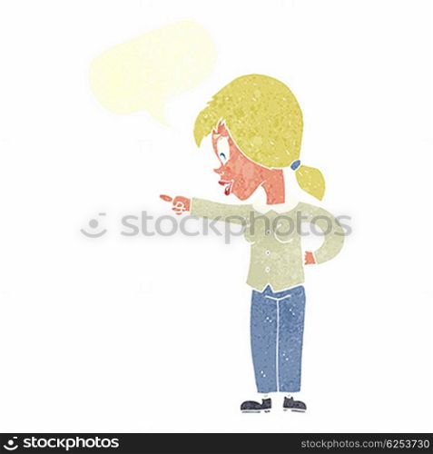 cartoon enthusiastic woman pointing with speech bubble