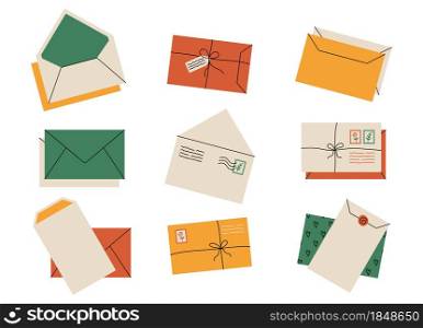 Cartoon envelope. Postcard and paper letter with invitation and greeting card, mail and document delivery. Vector handmade envelope set romantic mailing letters. Cartoon envelope. Postcard and paper letter with invitation and greeting card, mail and document delivery. Vector handmade envelope set