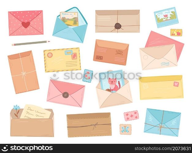 Cartoon envelopes. Flat envelope, pen or pencil for hand lettering. Paper letter with branches, cute cards post and love message exact vector set. Illustration envelope letter, correspondence postage. Cartoon envelopes. Flat envelope, pen or pencil for hand lettering. Paper letter with branches, cute cards for post and love message exact vector set
