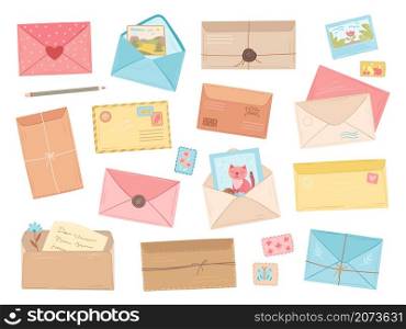 Cartoon envelopes. Flat envelope, pen or pencil for hand lettering. Paper letter with branches, cute cards post and love message exact vector set. Illustration envelope letter, correspondence postage. Cartoon envelopes. Flat envelope, pen or pencil for hand lettering. Paper letter with branches, cute cards for post and love message exact vector set