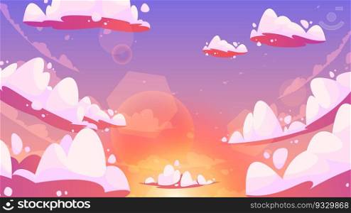 Cartoon evening sky. Sun and clouds sunset scene, sky nature landscape with red and orange sunlight, colorful game background. Vector illustration. Sunrise with cloudy pink heavens. Cartoon evening sky. Sun and clouds sunset scene, sky nature landscape with red and orange sunlight, colorful game background. Vector illustration