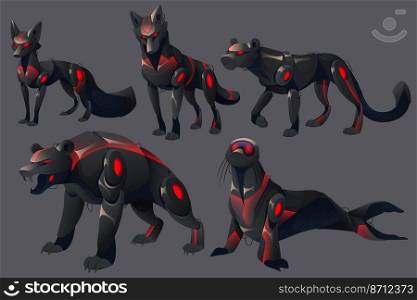 Cartoon evil robots animals robotics monsters. Cyborgs cheetah or puma, fox, wolf, roar bear and seal with red glow eyes and black mechanical body. artificial intelligence zoo machines, Vector set. Cartoon evil robots animals robotics monsters