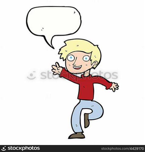 cartoon excited boy dancing with speech bubble