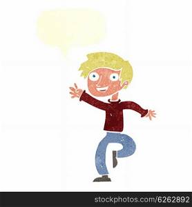 cartoon excited boy dancing with speech bubble