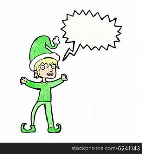 cartoon excited christmas elf with speech bubble