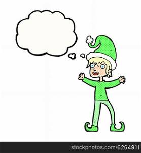 cartoon excited christmas elf with thought bubble