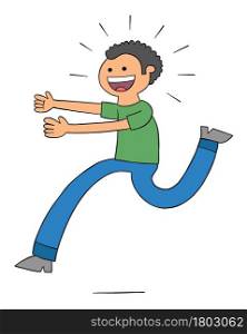 Cartoon excited man comes running, vector illustration. Colored and black outlines.