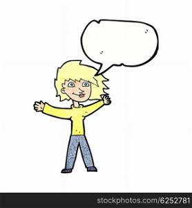 cartoon excited woman waving with speech bubble
