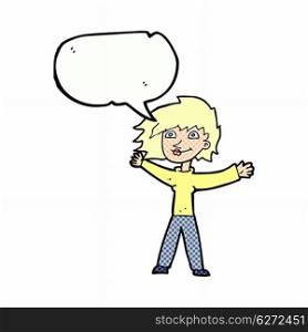 cartoon excited woman waving with speech bubble