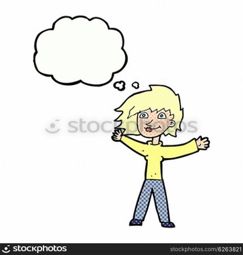 cartoon excited woman waving with thought bubble