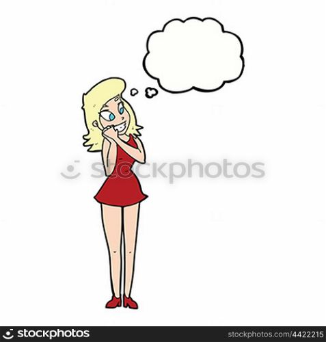 cartoon excited woman with thought bubble