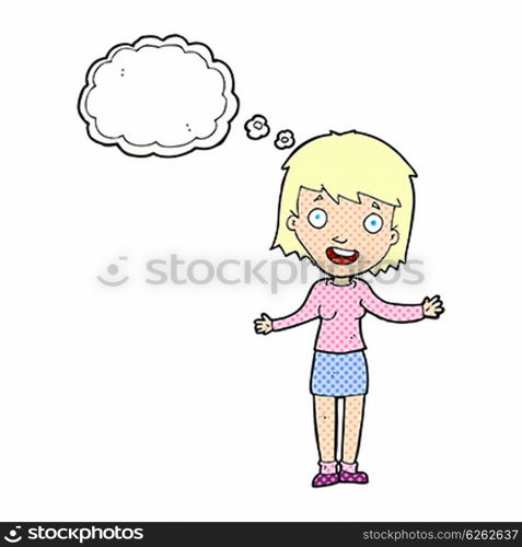 cartoon excited woman with thought bubble