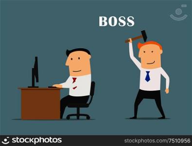 Cartoon executive boss or manager with hummer standing behind a busy clerk and ready to beat him. Business concept of corporate conflict or motivation. Vector