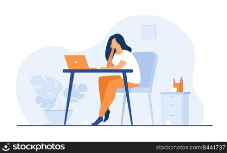 Cartoon exhausted woman sitting and table and working isolated flat vector illustration. Tired businesswoman with professional burnout syndrome. Tiredness and trouble concept