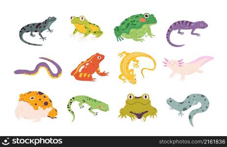 Cartoon exotic amphibian and reptiles, lizards, newts, toads and frogs. Tropical animals, gecko, triton, salamander and axolotl vector set. Wildlife colorful creatures isolated on white. Cartoon exotic amphibian and reptiles, lizards, newts, toads and frogs. Tropical animals, gecko, triton, salamander and axolotl vector set