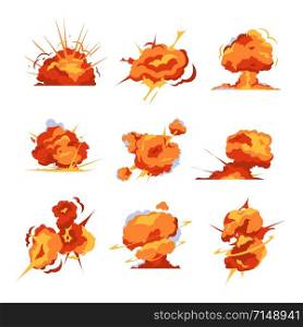 Cartoon explosion. Bomb detonation and fireball effect for mobile game animation. Vector isolated illustration set atomic bomb and dynamite explosion for creative magazine or site. Cartoon explosion. Bomb detonation and fireball effect for mobile game animation. Vector atomic bomb and dynamite explosion