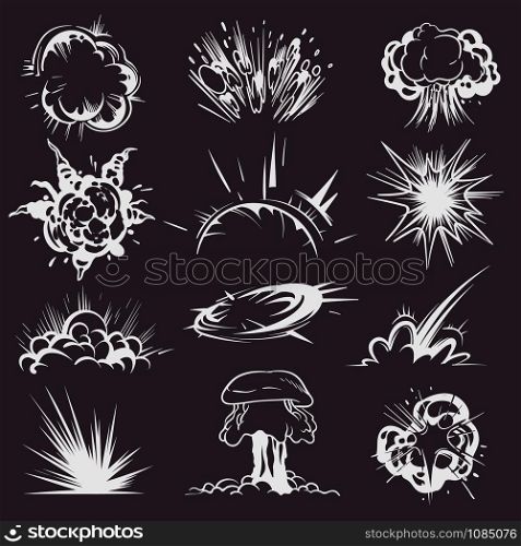 Cartoon explosion effect. Comic energy blast, smoke cloud with shining trails particles, white fire flash isolated vector magic bang bomb set. Cartoon explosion effect. Comic energy blast, smoke cloud with shining trails particles, white fire flash isolated vector set