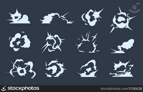 Cartoon explosion effect. Doodle smoke clouds and power blast effects, energy explosion and dust puff. Vector illustration comic spark set animation flash exploding. Cartoon explosion effect. Doodle smoke clouds and power blast effects, energy explosion and dust puff. Vector comic spark set