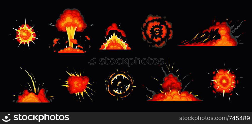 Cartoon explosion. Exploding bomb, atomic explode effect and comic explosions smoke clouds. Destruction explosion animation, comic bomb fire flame. Isolated vector illustration icons set. Cartoon explosion. Exploding bomb, atomic explode effect and comic explosions smoke clouds vector illustration set