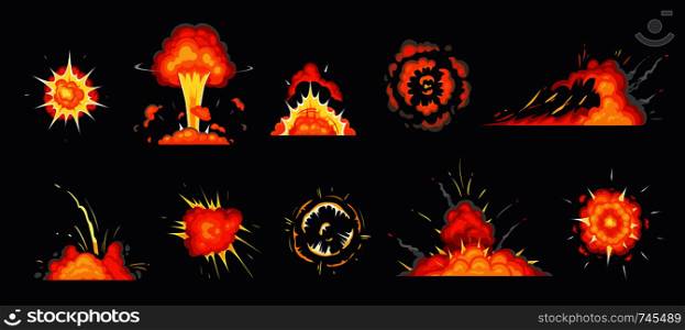 Cartoon explosion. Exploding bomb, atomic explode effect and comic explosions smoke clouds. Destruction explosion animation, comic bomb fire flame. Isolated vector illustration icons set. Cartoon explosion. Exploding bomb, atomic explode effect and comic explosions smoke clouds vector illustration set