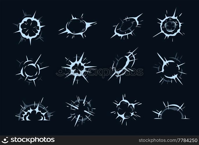 Cartoon explosion, spark and burst effect of vector comic boom and bang. Bomb blasts with smoke, dust clouds and explosive power energy flash on black, war game attacks animation. Cartoon explosion, spark, burst effect, comic boom