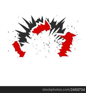 Cartoon explosion with flying particles effect. Radial explosion silhouette. Flat vector illustration isolated on white background.. Cartoon explosion with flying particles effect. Flat vector illustration isolated on white
